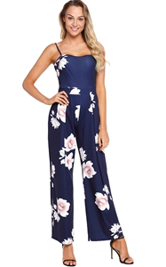 BY64382-5 Navy Blue Floral Print Wide Leg Jumpsuit